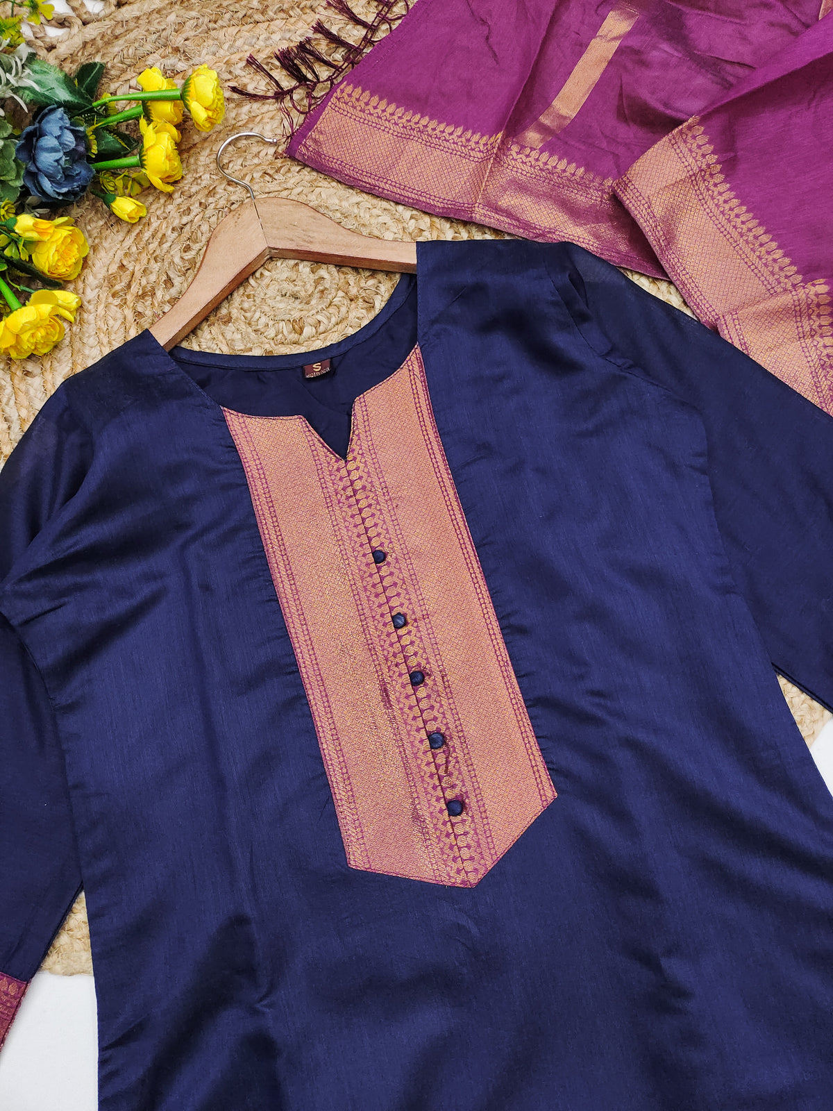 Fancy Kanchi Cotton Zari Work Blue & Pink Kurti Set