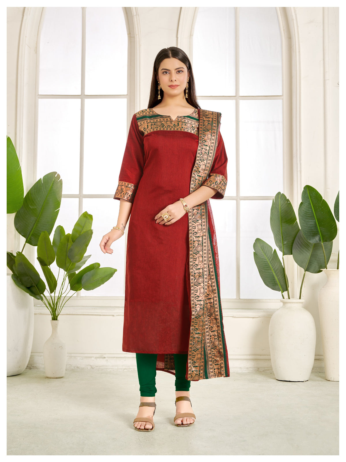 Meera Elegant Kanchi Cotton V-Neck Maroon Kurti With Dupatta