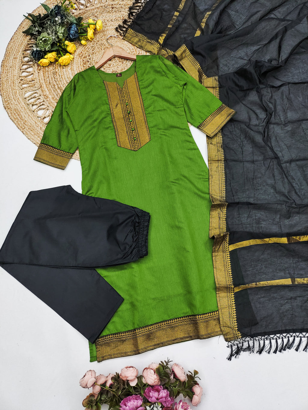 Fancy Kanchi Cotton Zari Work Olive & Black Kurti Set