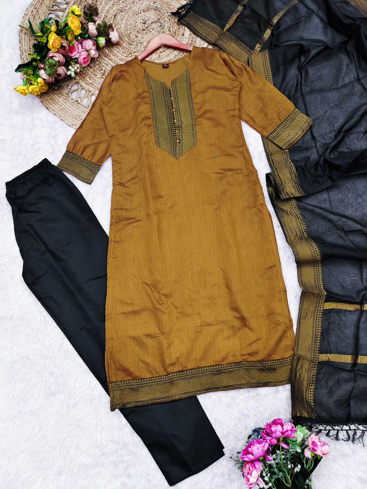 Fancy Kanchi Cotton Zari Work Musterd & Black Kurti Set