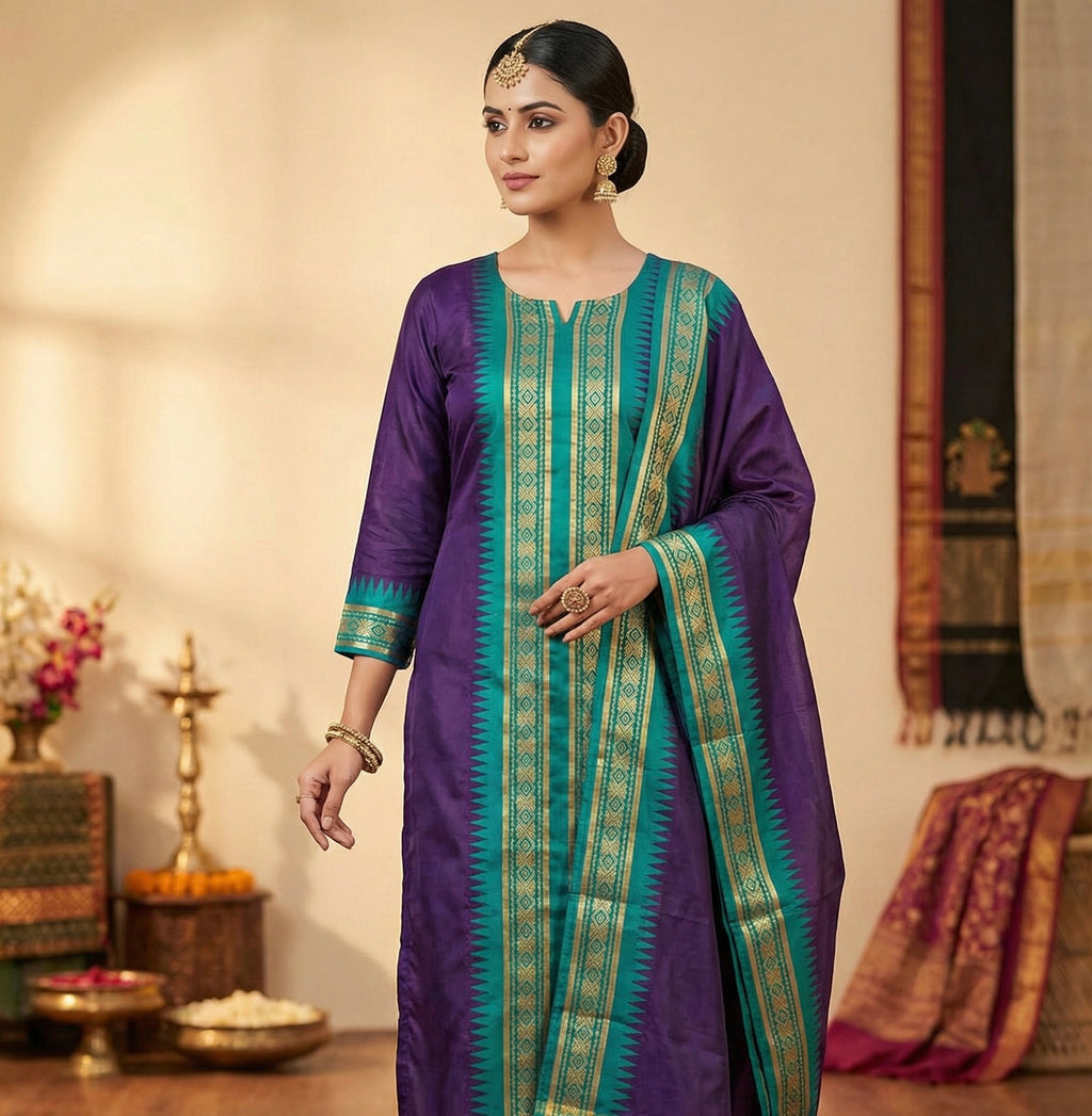 Elegant Straight Kanchi Cotton Violet Kurti With Dupatta