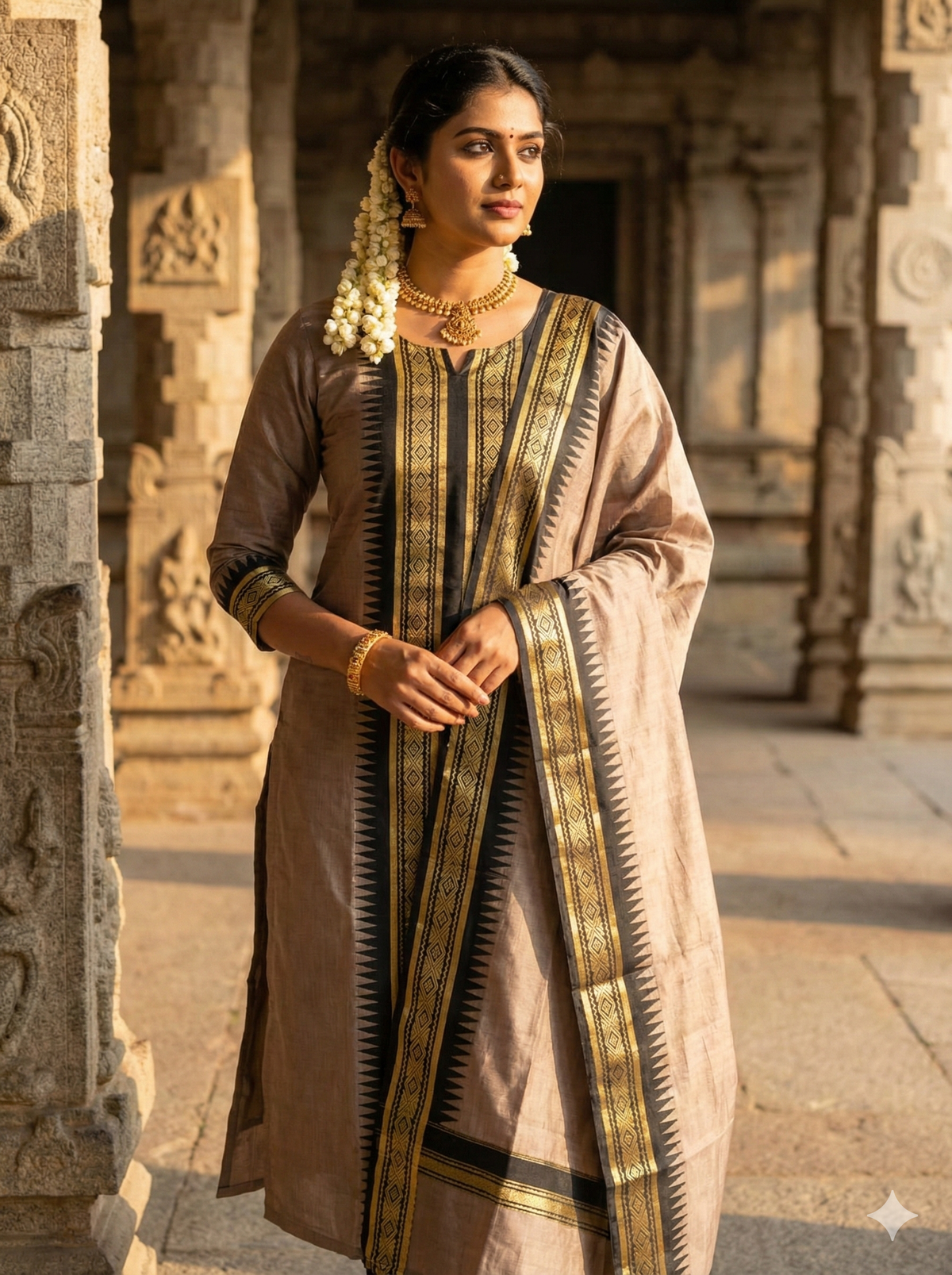 Elegant Straight Kanchi Cotton Standard Brown Kurti With Dupatta