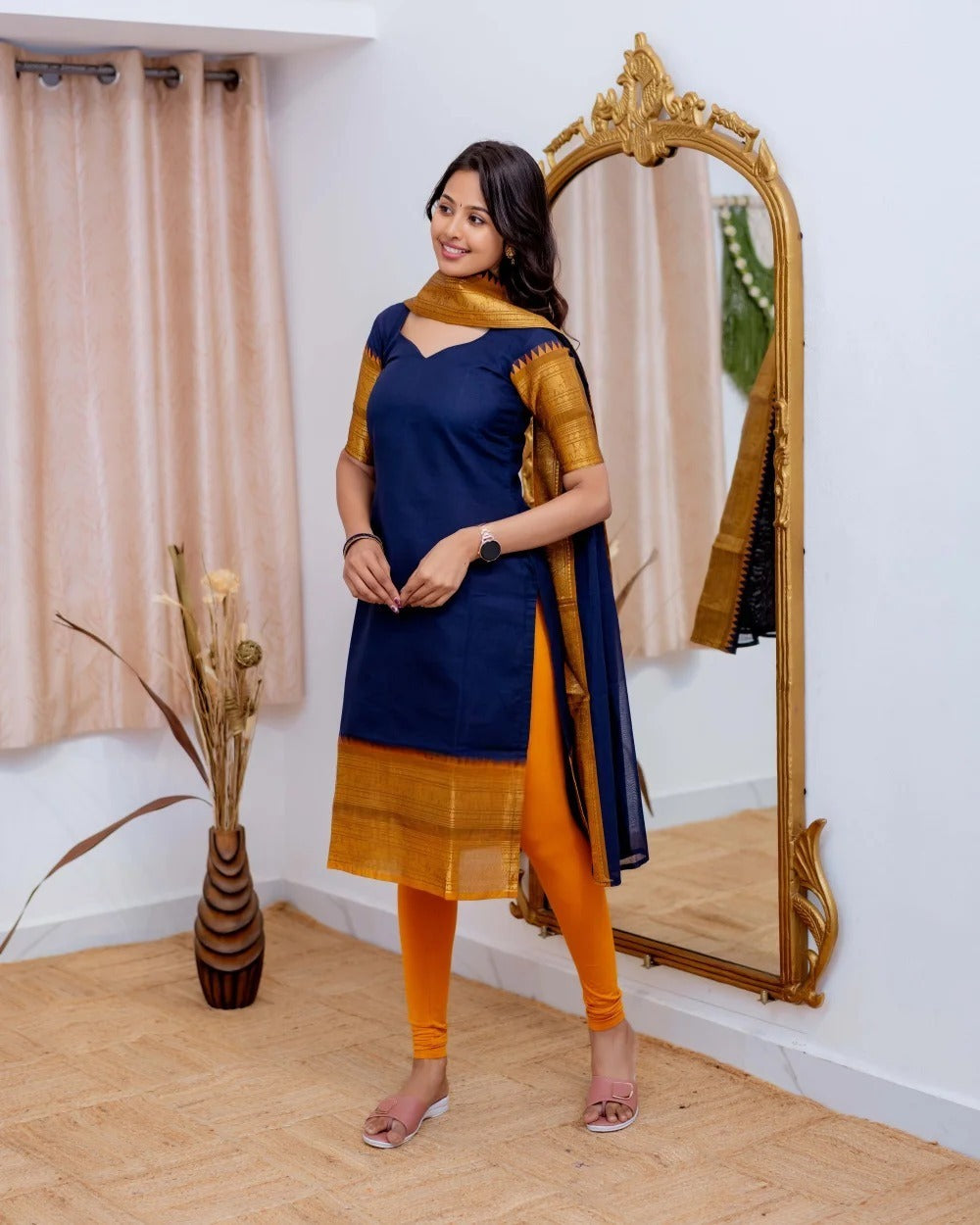 Blue Elegant Kanchi Cotton V-Neck Kurti With Dupatta