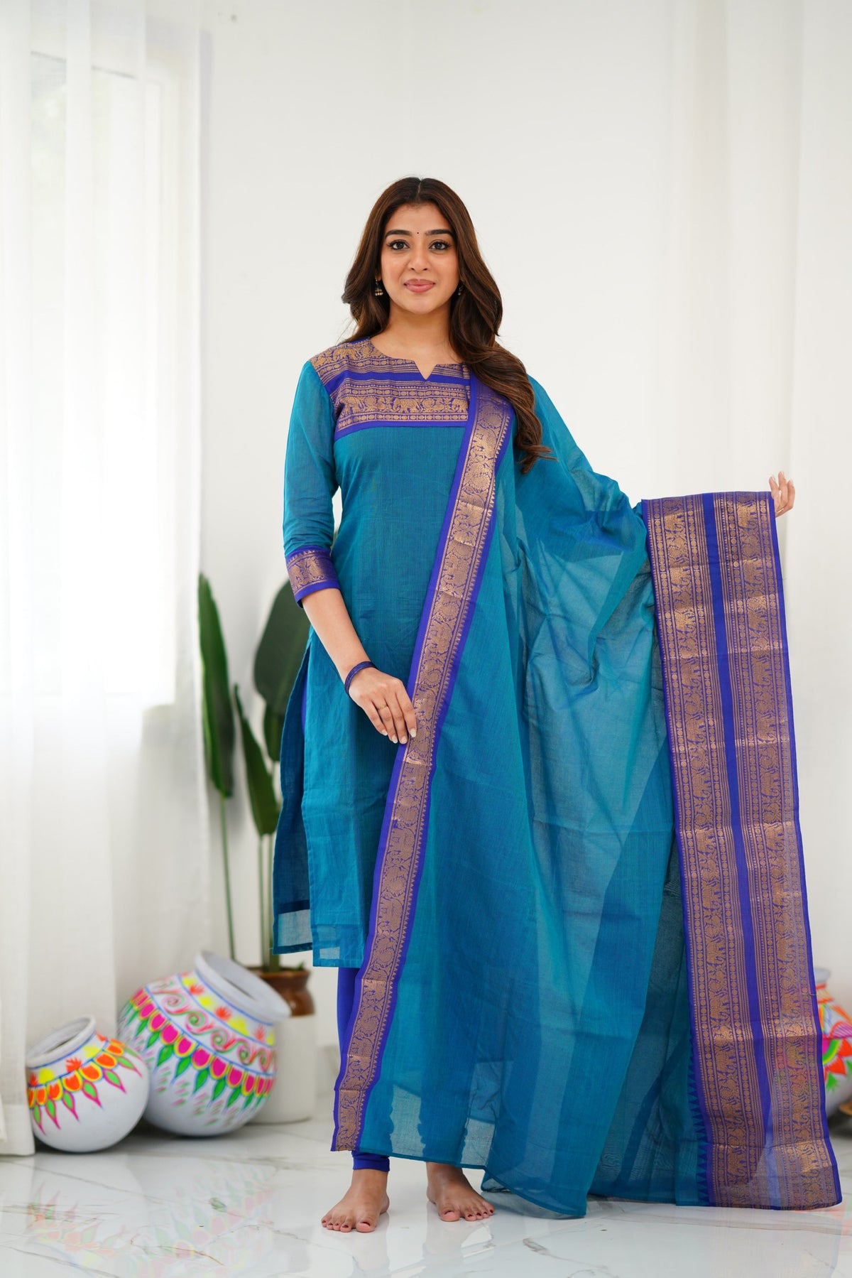 Meera Elegant Kanchi Cotton V-Neck Sky Blue Kurti With Dupatta