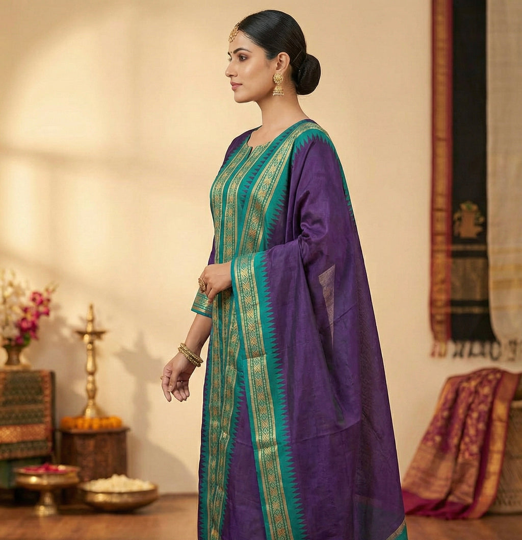 Elegant Straight Kanchi Cotton Violet Kurti With Dupatta