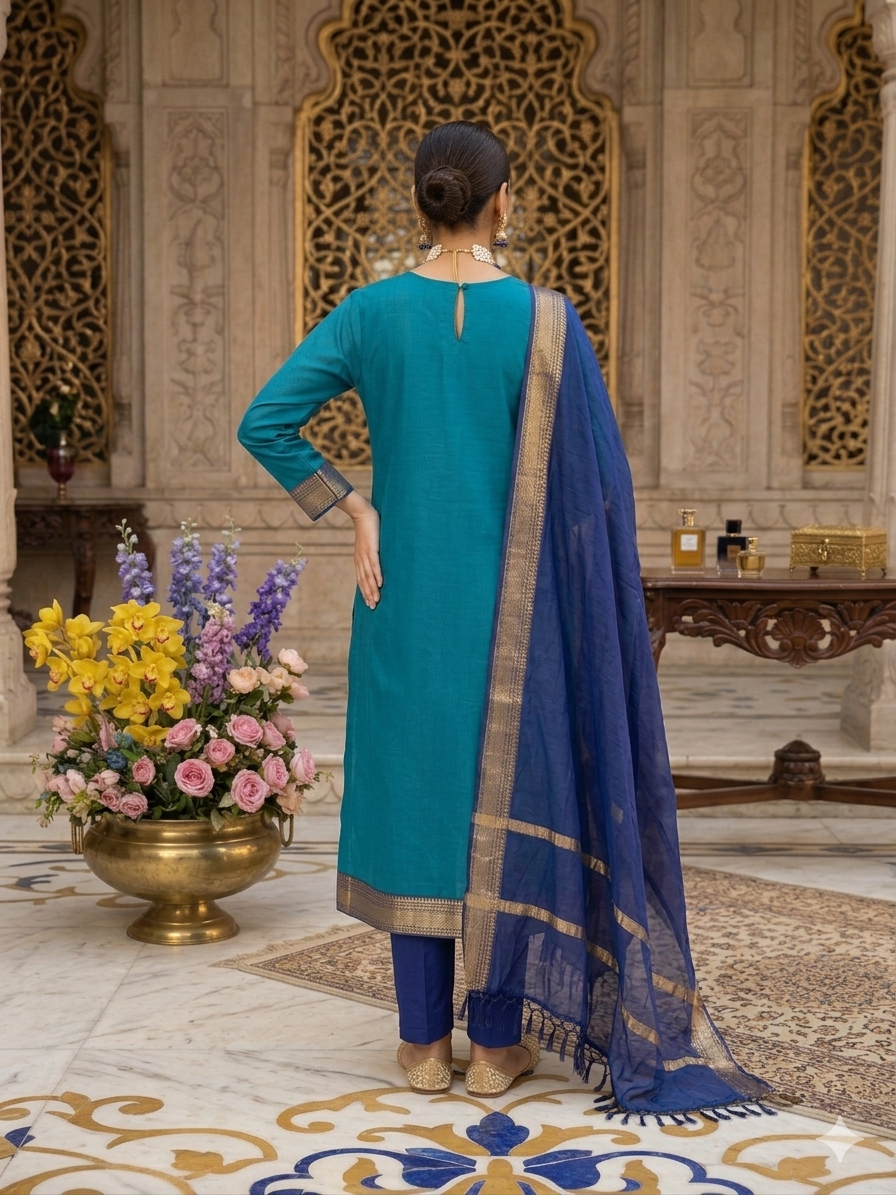 Fancy Kanchi Cotton Zari Work Blue & Sky Blue Kurti Set