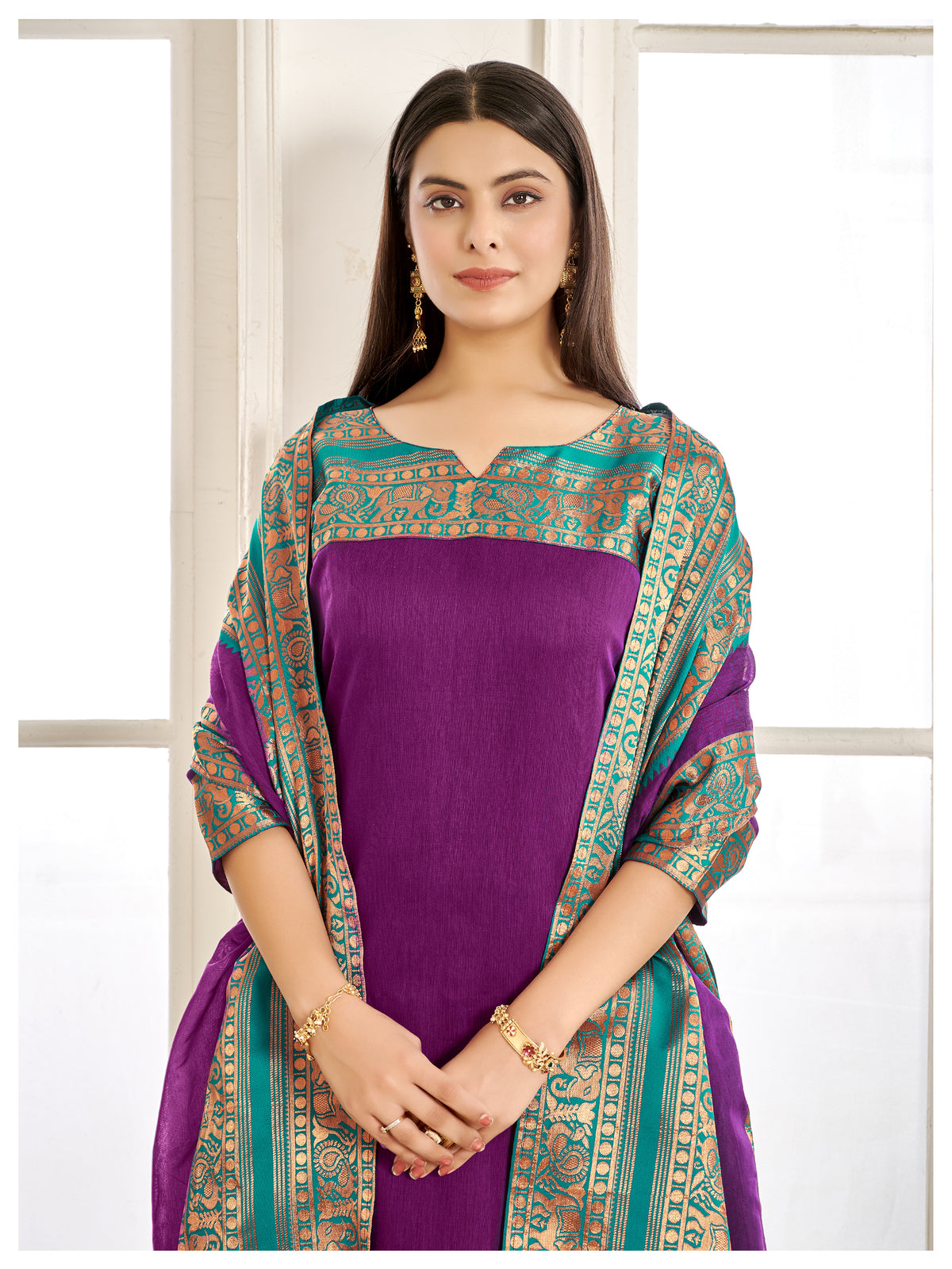 Meera Elegant Kanchi Cotton V-Neck Purple Kurti With Dupatta