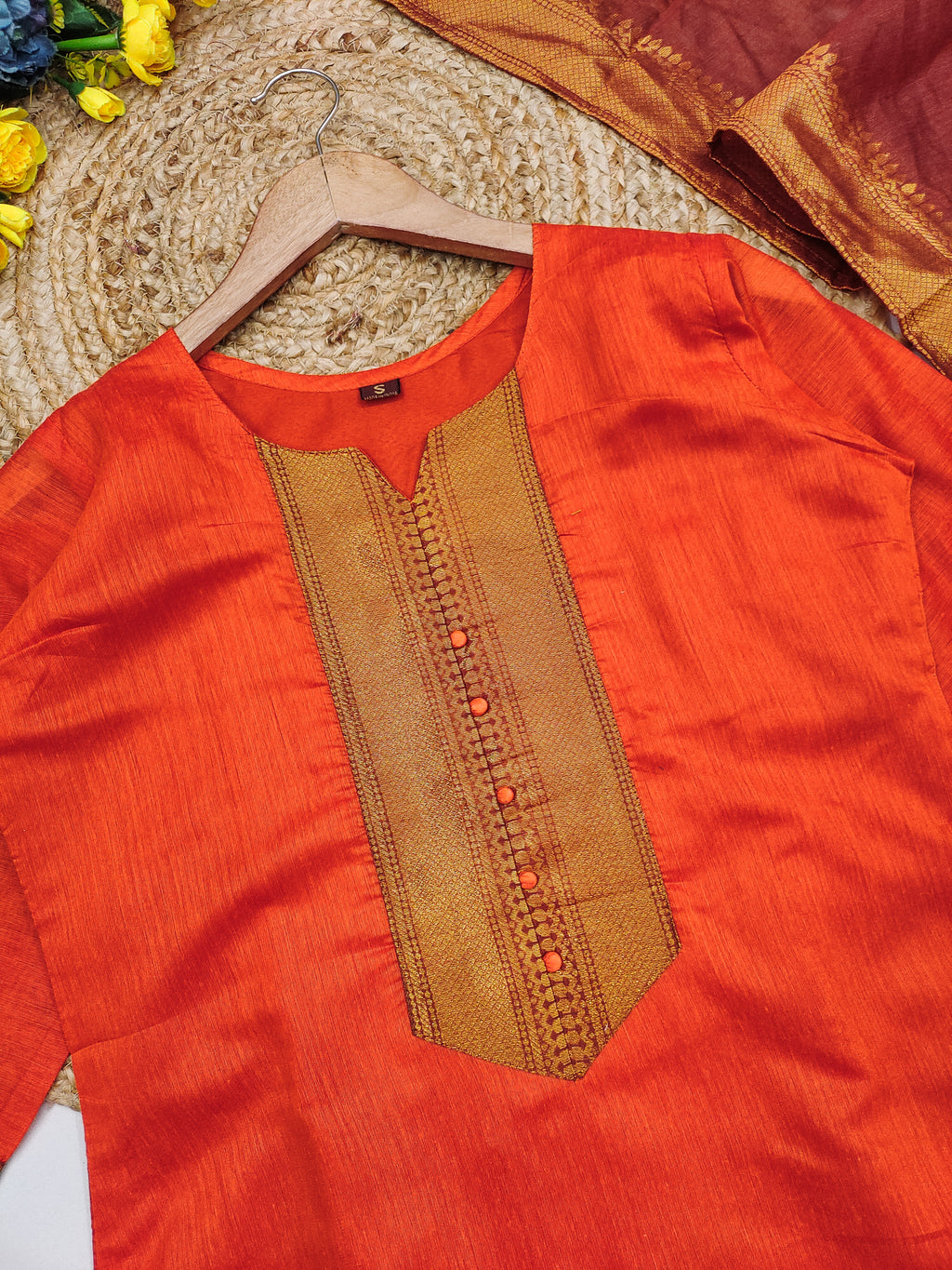 Fancy Kanchi Cotton Zari Work Orange & Red Kurti Set