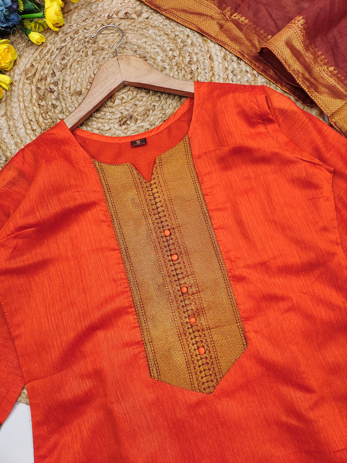 Fancy Kanchi Cotton Zari Work Orange & Red Kurti Set