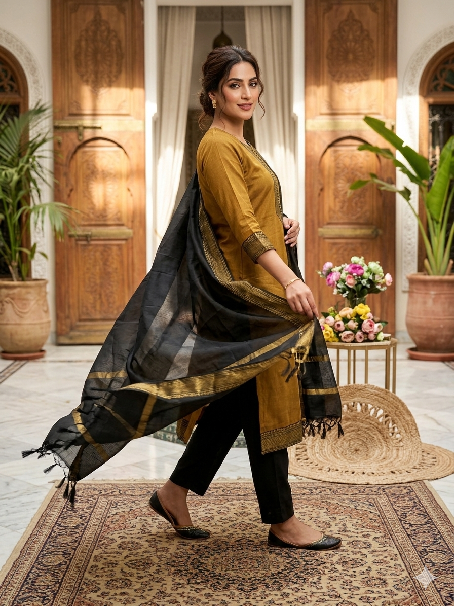Fancy Kanchi Cotton Zari Work Musterd & Black Kurti Set