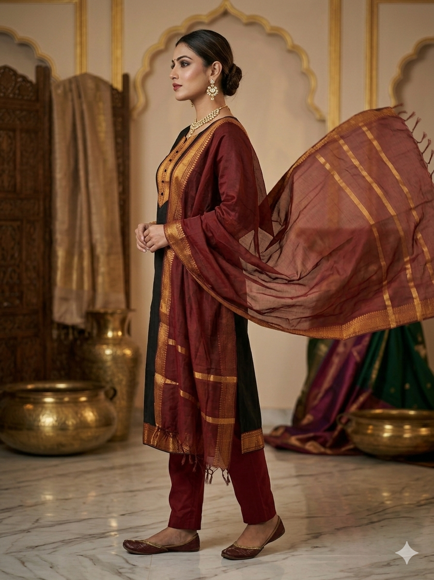 Fancy Kanchi Cotton Zari Work Black & Red Kurti Set