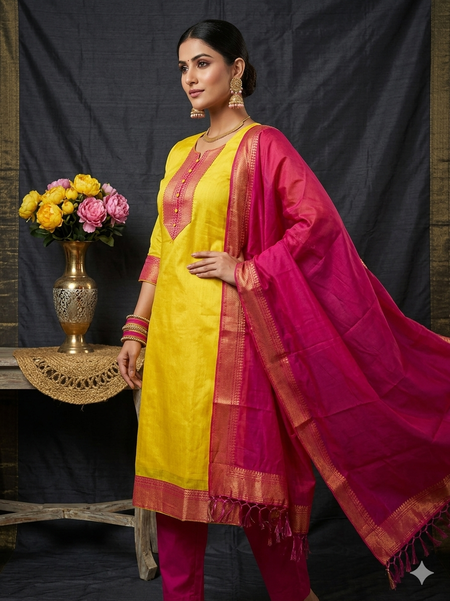 Fancy Kanchi Cotton Zari Work Lemon & Pink Kurti Set
