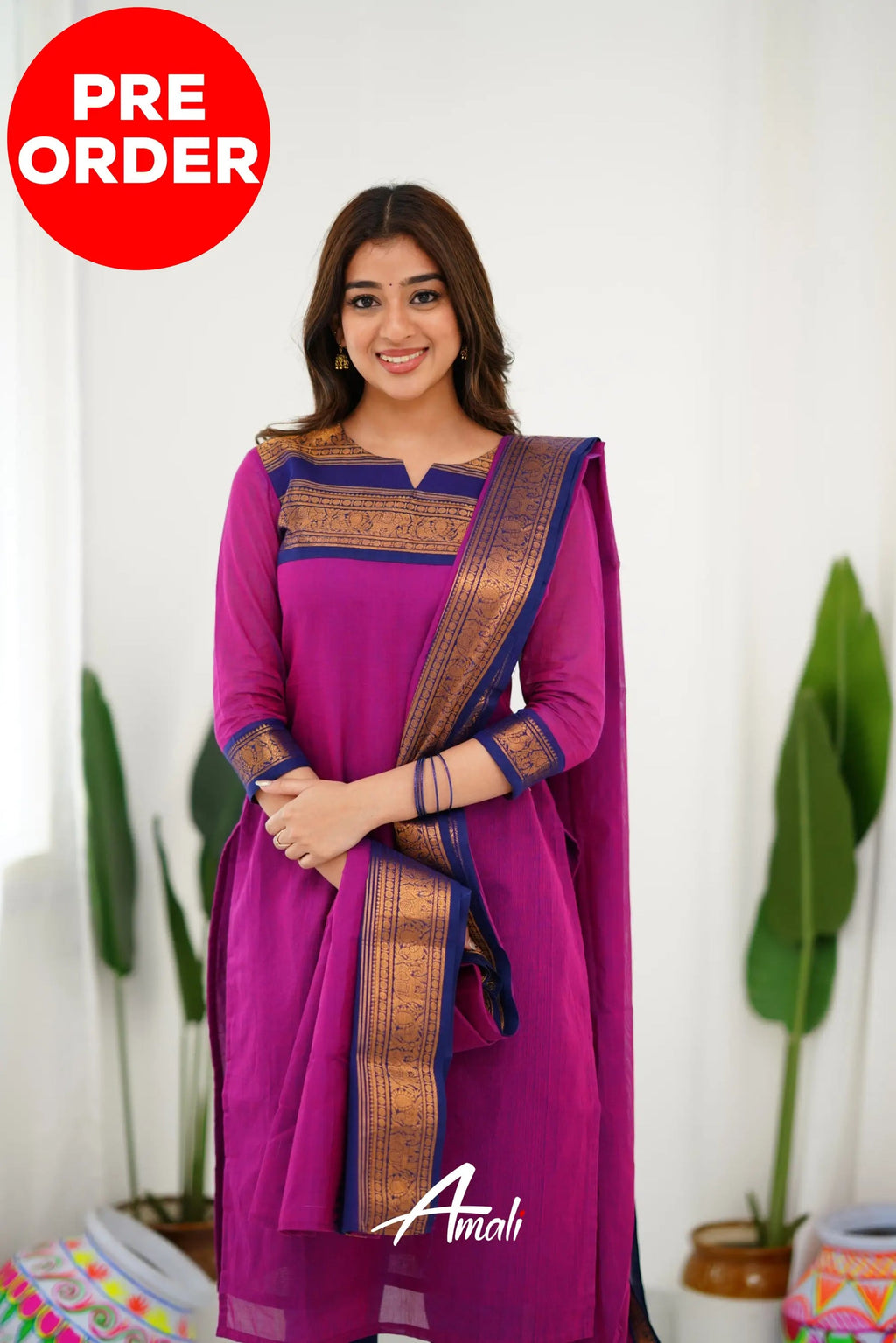 Meera Elegant Kanchi Cotton V-Neck Pink Kurti With Dupatta