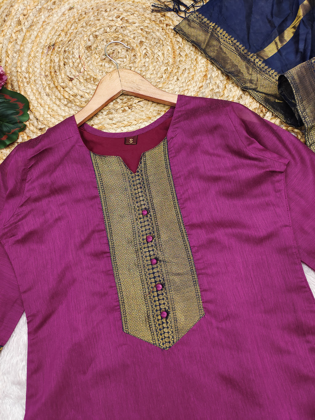 Fancy Kanchi Cotton Zari Work Pink & Blue Kurti Set