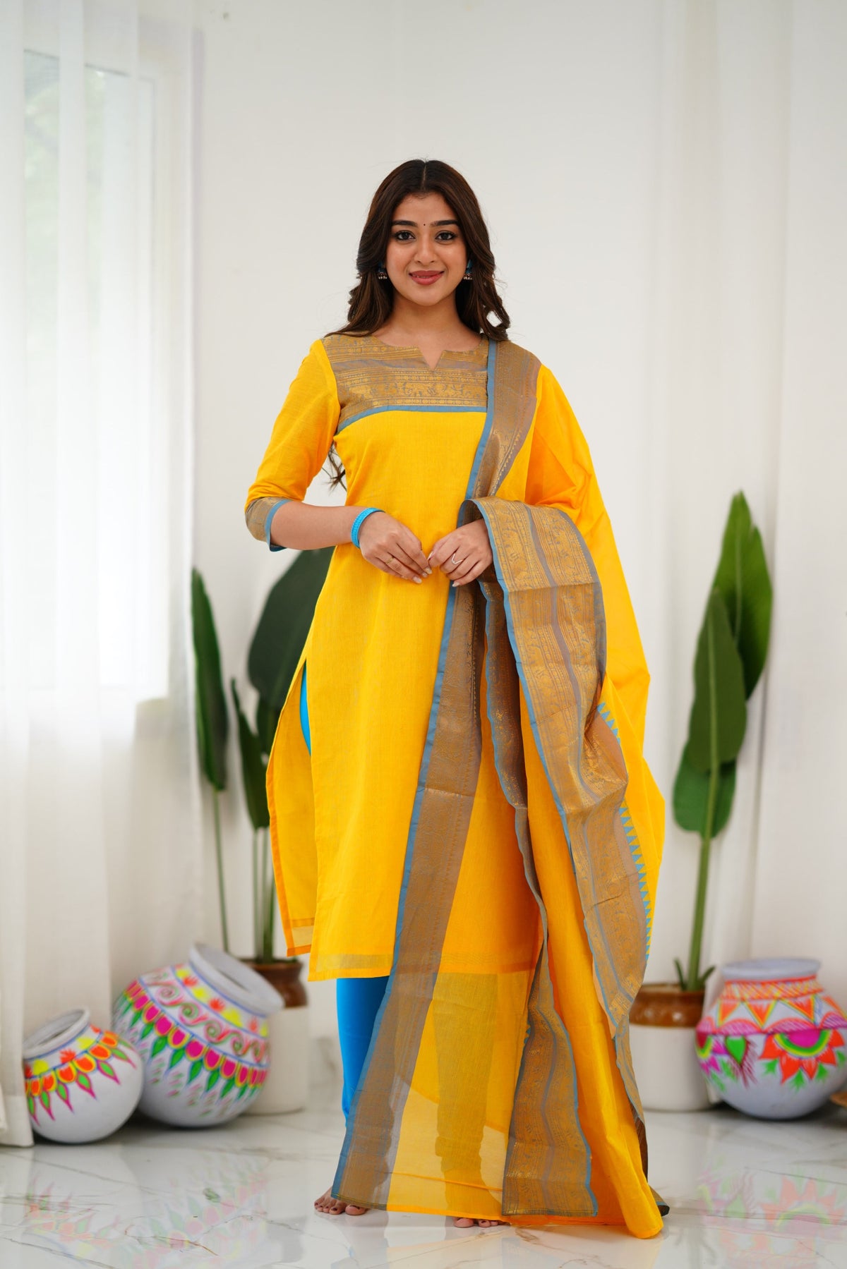 Meera Elegant Kanchi Cotton V-Neck Yellow Kurti With Dupatta