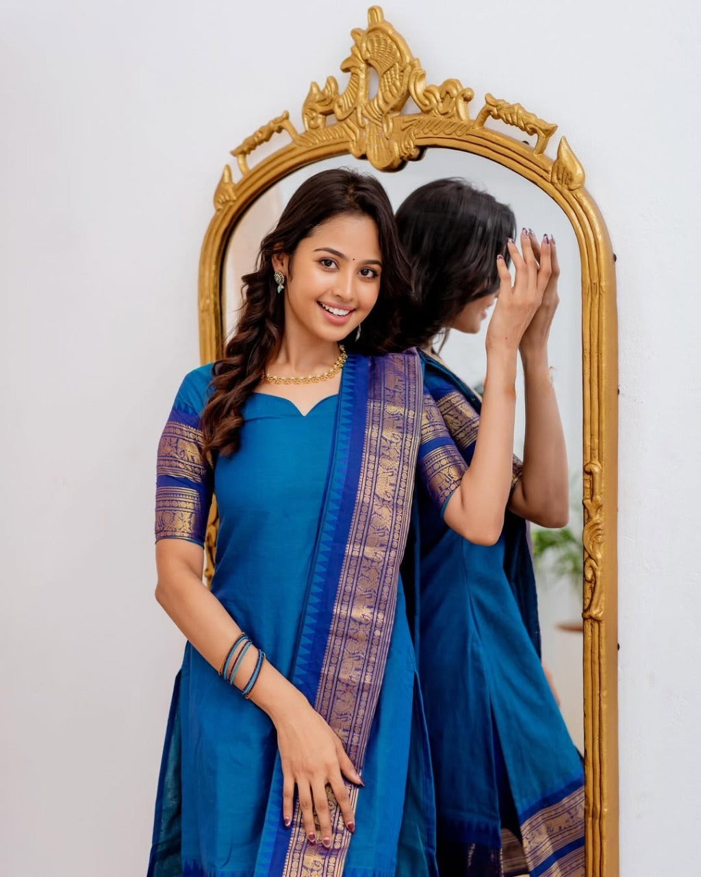 Sky Blue Elegant Kanchi Cotton V-Neck Kurti With Dupatta