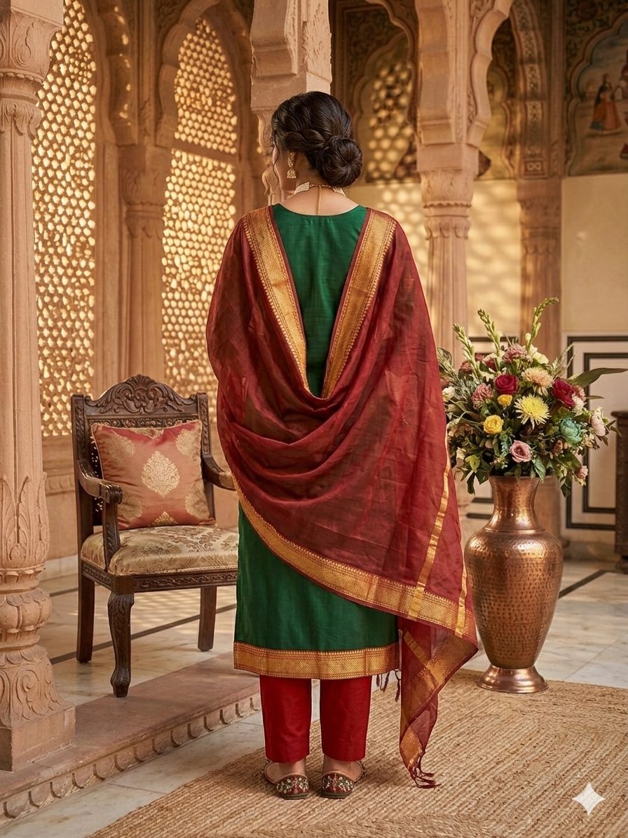 Fancy Kanchi Cotton Zari Work Green & Red Kurti Set