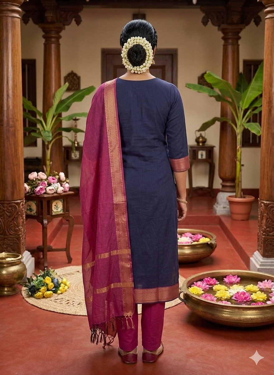 Fancy Kanchi Cotton Zari Work Blue & Pink Kurti Set