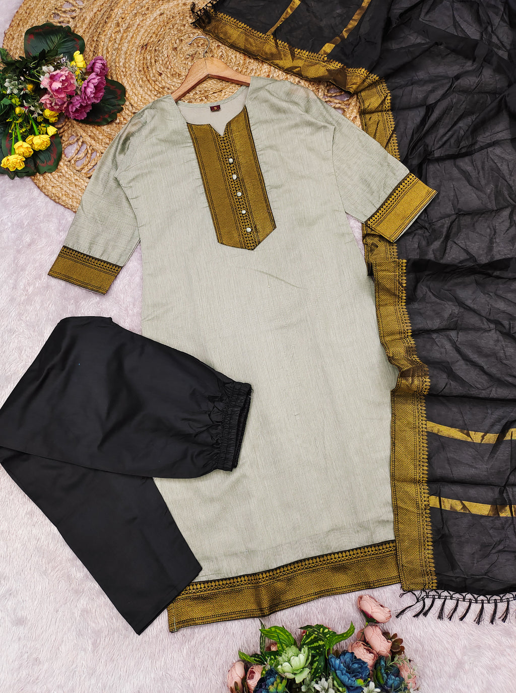 Fancy Kanchi Cotton Zari Work Cream & Black Kurti Set