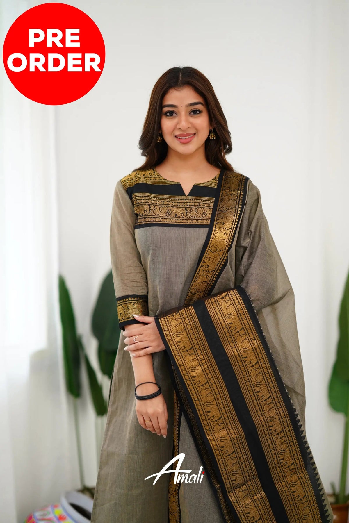 Meera Elegant Kanchi Cotton V-Neck Cream Kurti With Dupatta