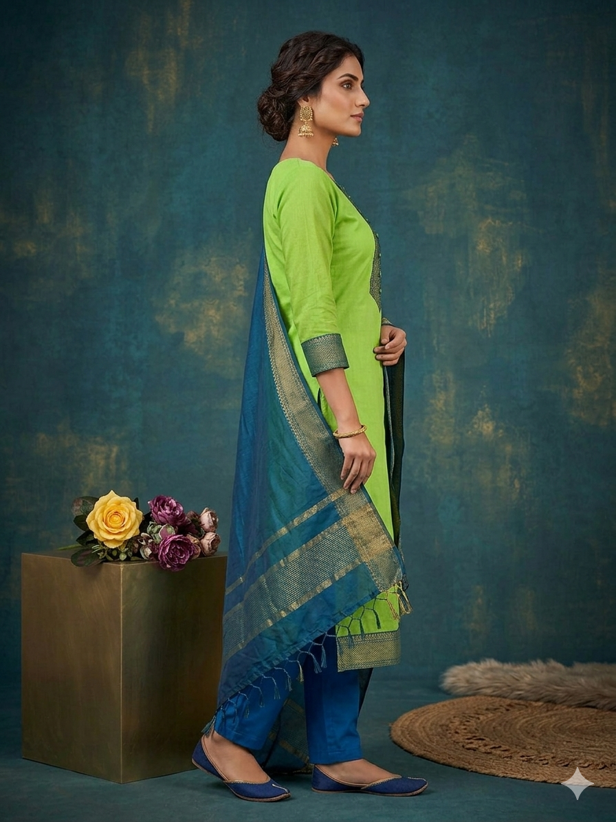 Fancy Kanchi Cotton Zari Work Pista Kurti Set
