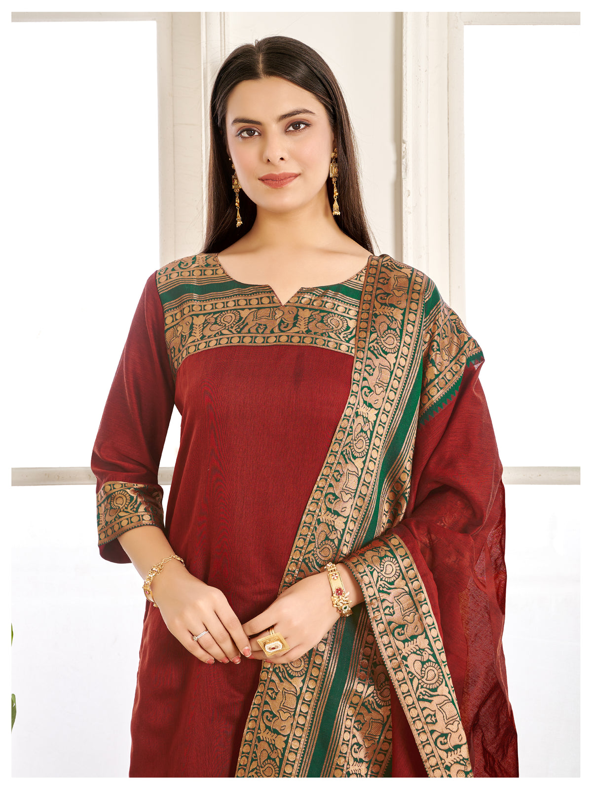 Meera Elegant Kanchi Cotton V-Neck Maroon Kurti With Dupatta