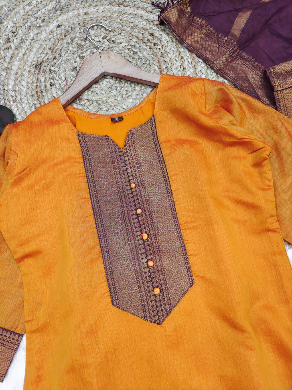 Fancy Kanchi Cotton Zari Work Gold & Maroon Kurti Set