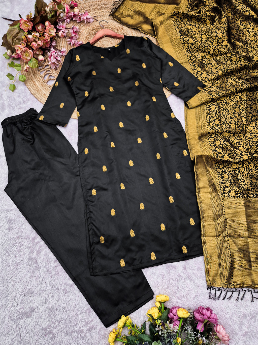 Premium Blended Silk Zari Work Black Kurti Set