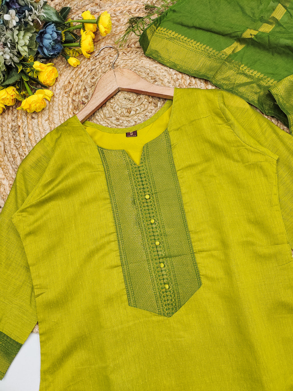 Fancy Kanchi Cotton Zari Work Lemon & Olive Kurti Set