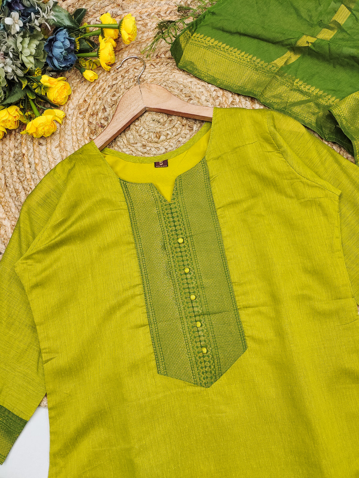 Fancy Kanchi Cotton Zari Work Lemon & Olive Kurti Set