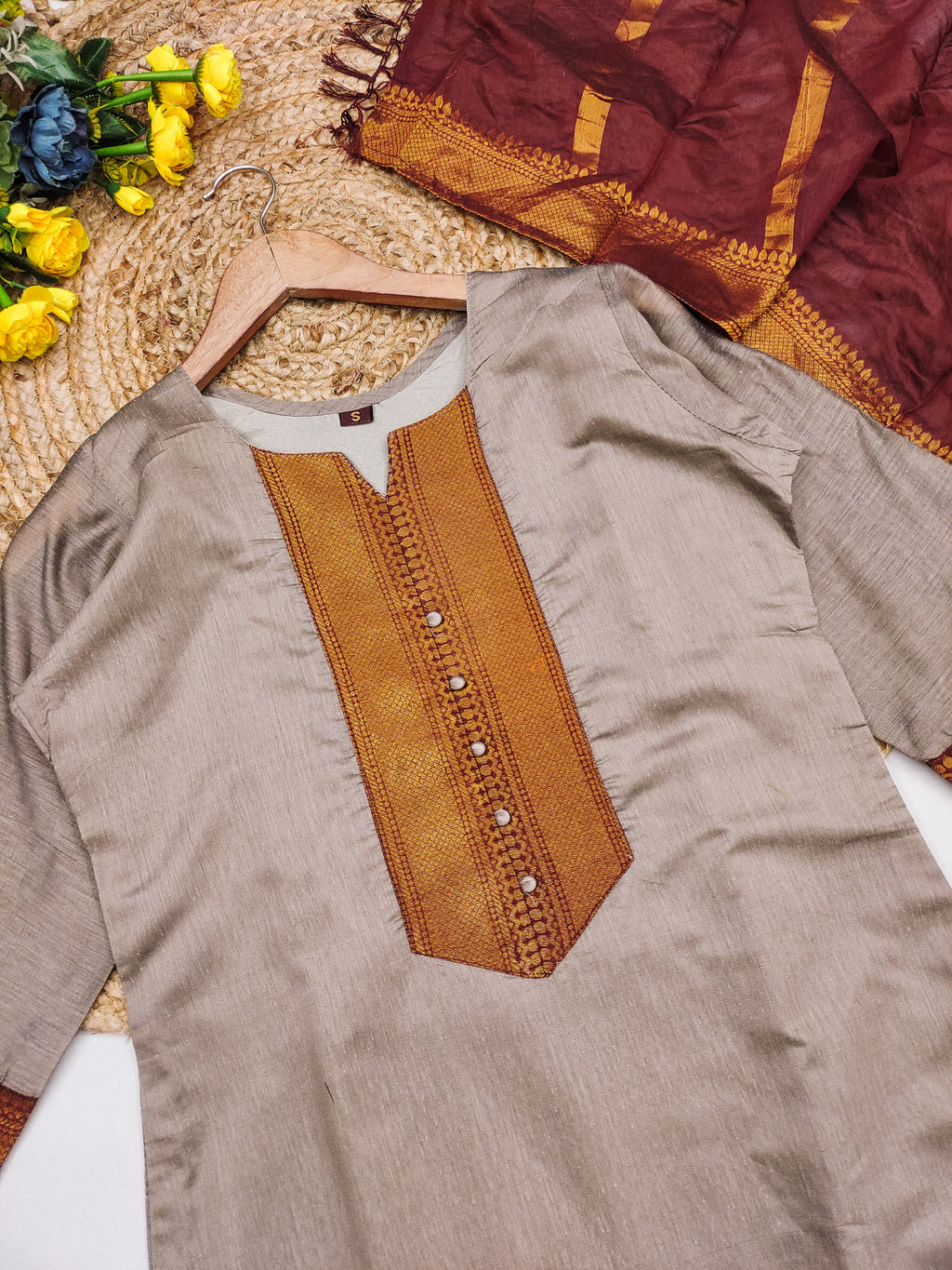 Fancy Kanchi Cotton Zari Work Standard Brown & Maroon Kurti Set