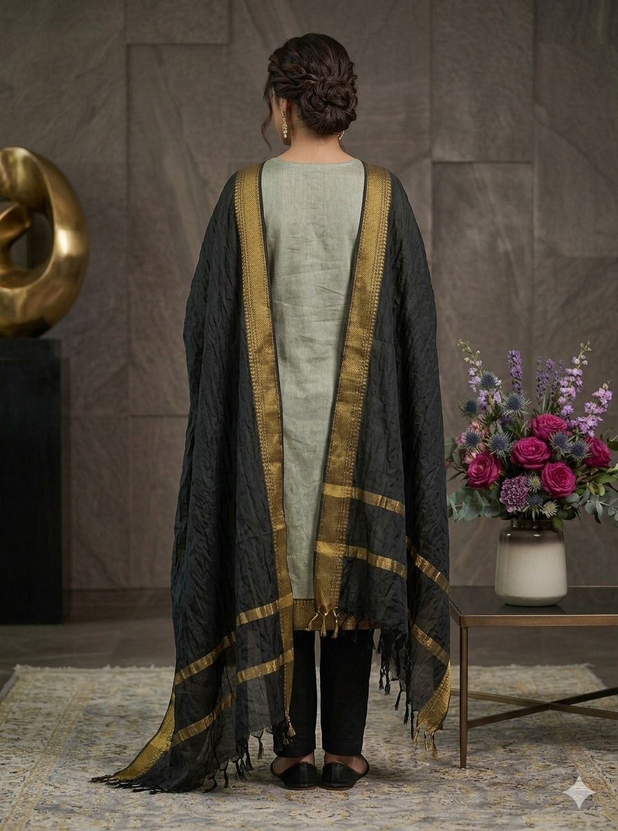 Fancy Kanchi Cotton Zari Work Cream & Black Kurti Set