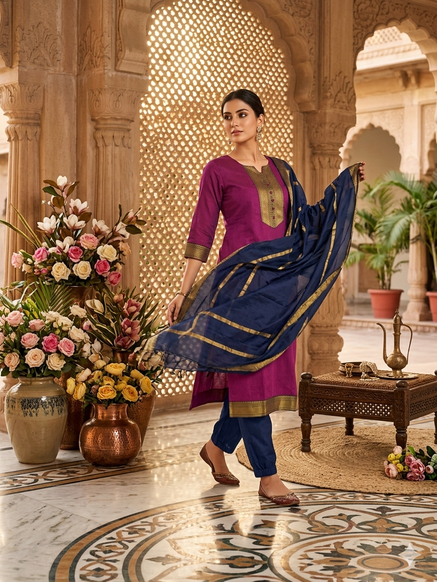 Fancy Kanchi Cotton Zari Work Pink & Blue Kurti Set