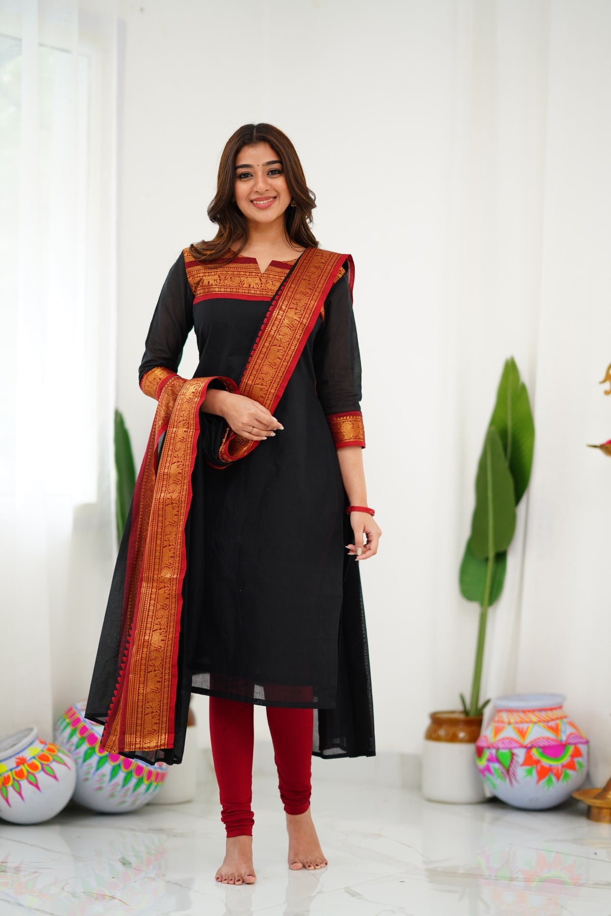 Meera Elegant Kanchi Cotton V-Neck Black Kurti With Dupatta