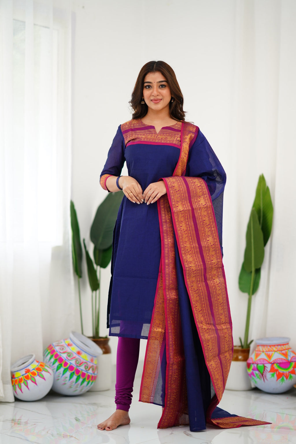 Meera Elegant Kanchi Cotton V-Neck Blue Kurti With Dupatta