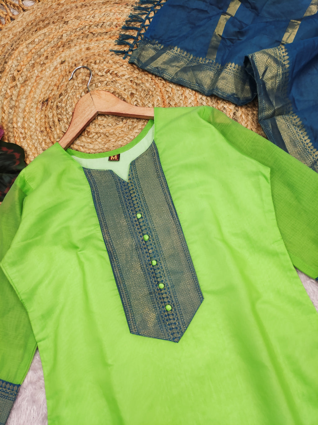 Fancy Kanchi Cotton Zari Work Pista Kurti Set