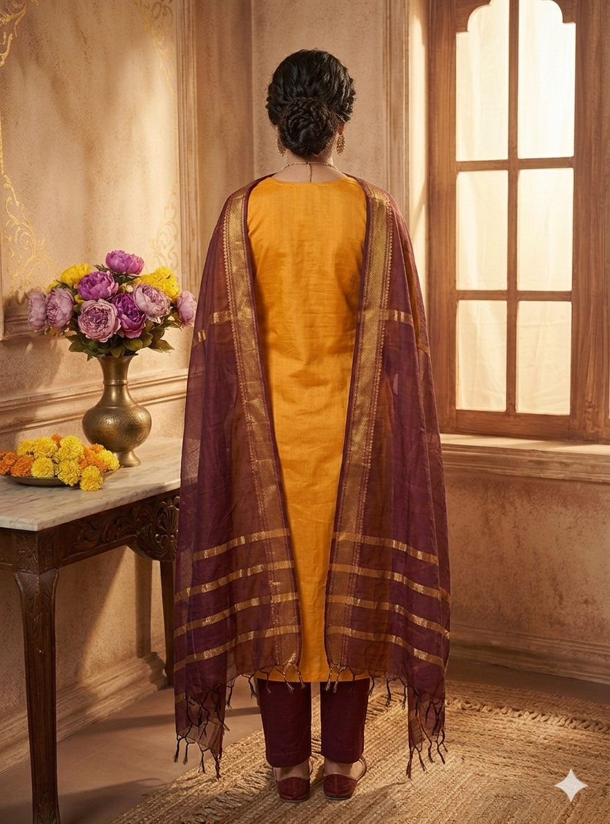 Fancy Kanchi Cotton Zari Work Gold & Maroon Kurti Set