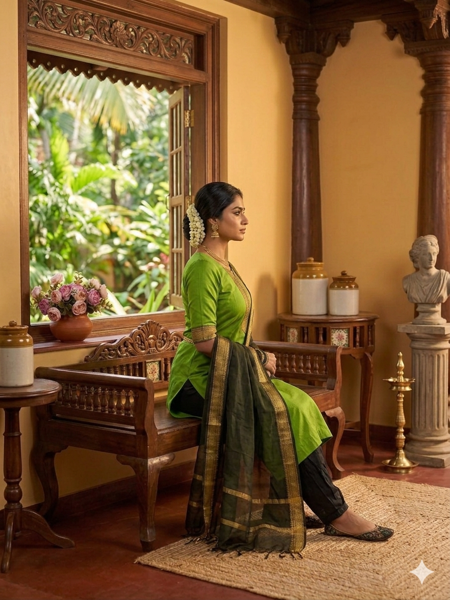 Fancy Kanchi Cotton Zari Work Olive & Black Kurti Set