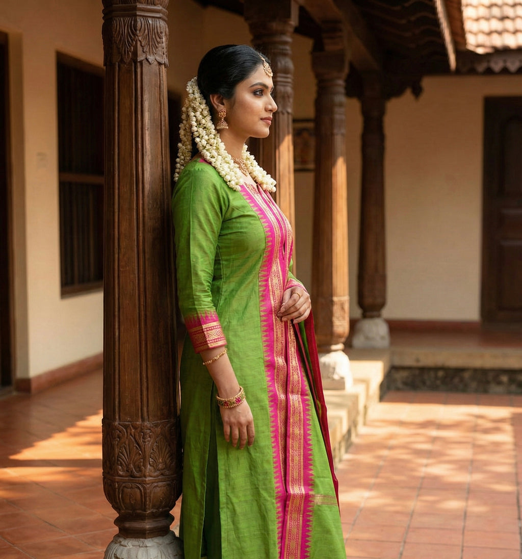 Elegant Straight Kanchi Cotton Green Kurti With Dupatta