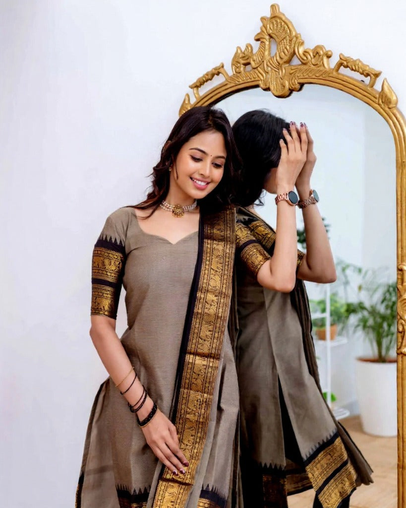 Cream Elegant Kanchi Cotton V-Neck Kurti With Dupatta