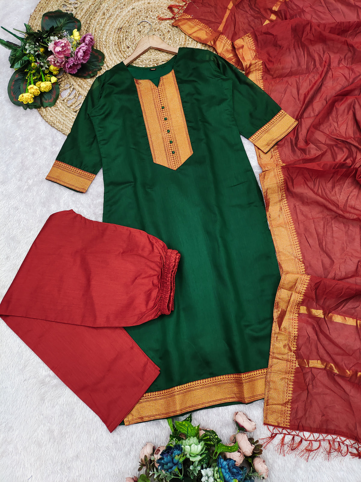 Fancy Kanchi Cotton Zari Work Green & Red Kurti Set