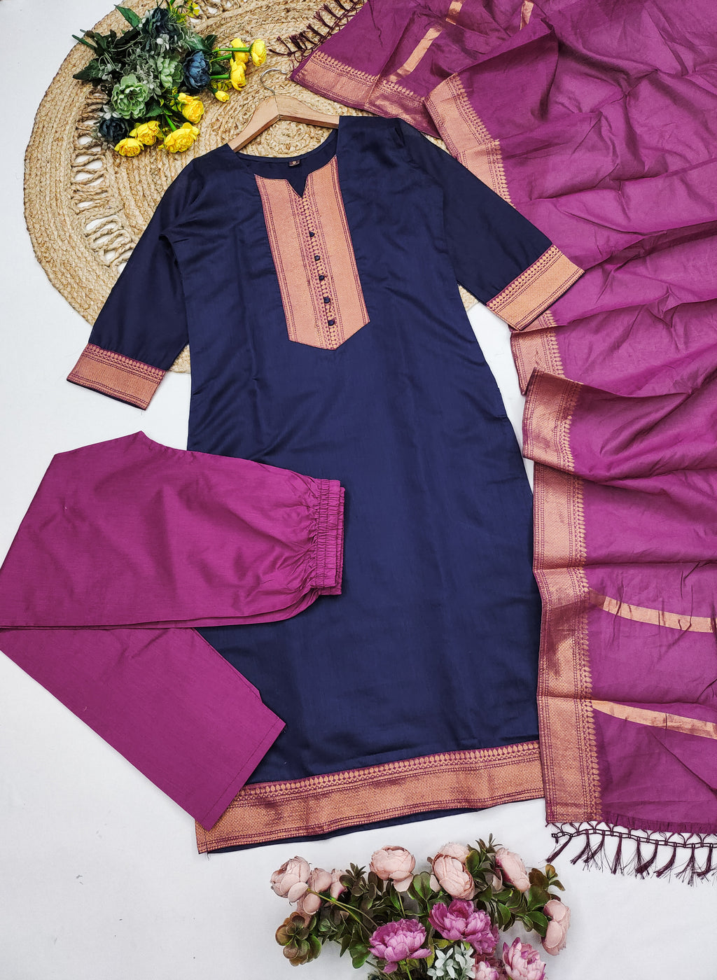 Fancy Kanchi Cotton Zari Work Blue & Pink Kurti Set