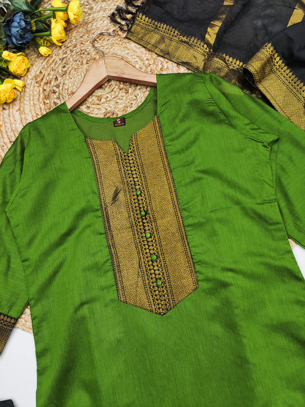 Fancy Kanchi Cotton Zari Work Olive & Black Kurti Set