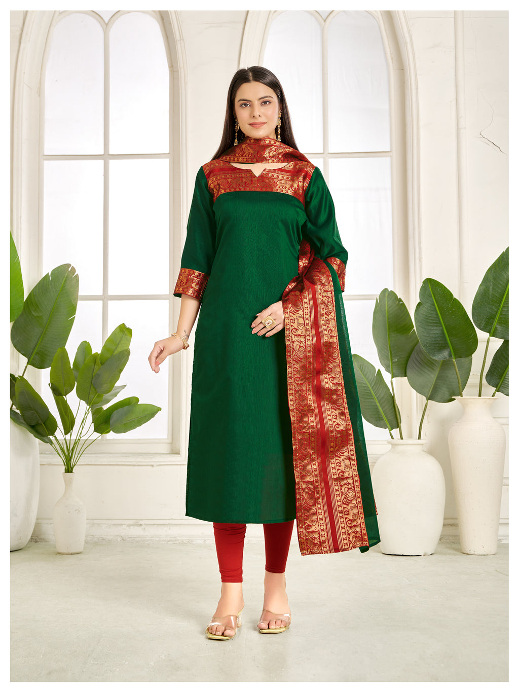 Meera Elegant Kanchi Cotton V-Neck Green Kurti With Dupatta