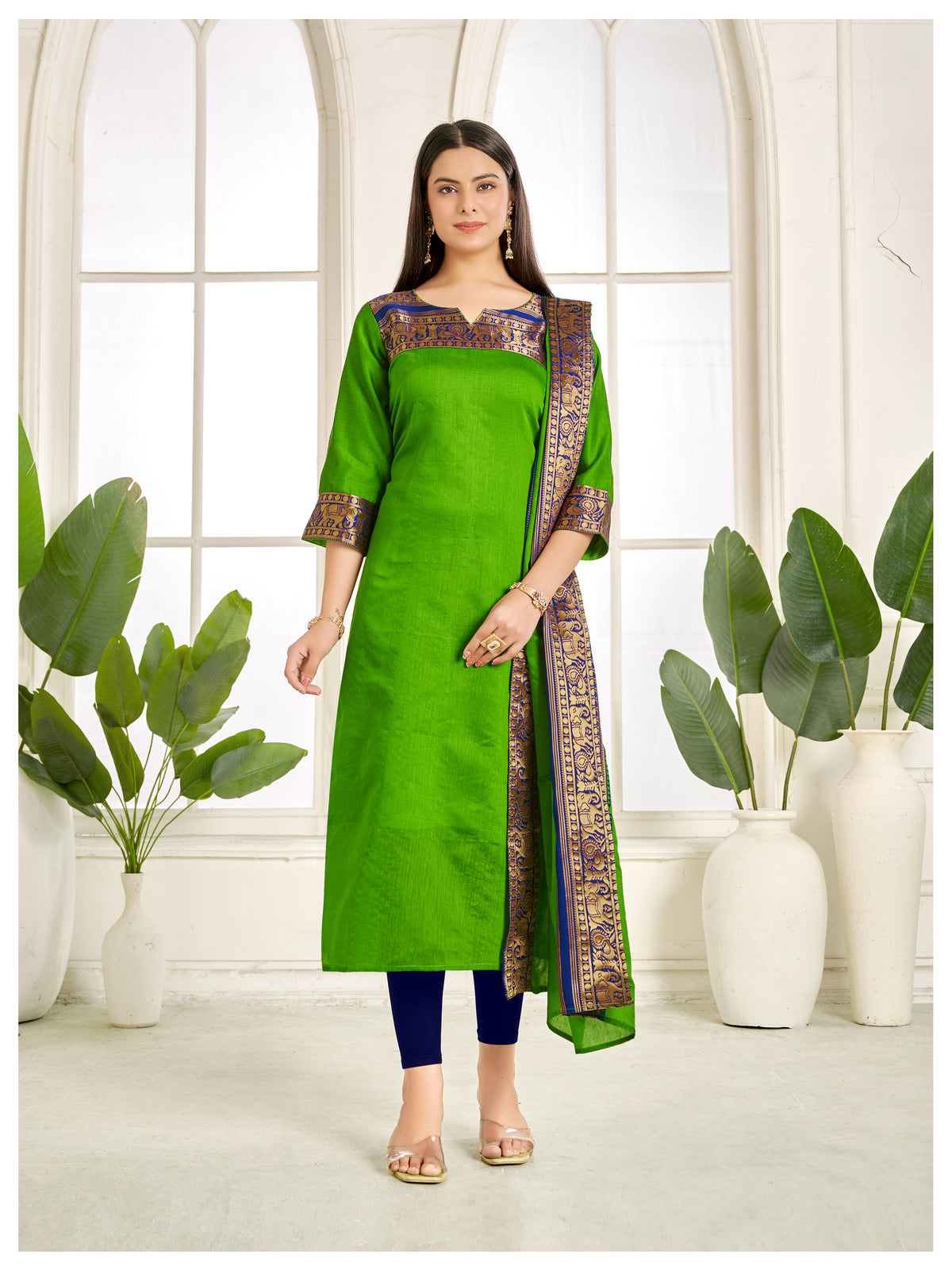 Meera Elegant Kanchi Cotton V-Neck Olive Green Kurti With Dupatta