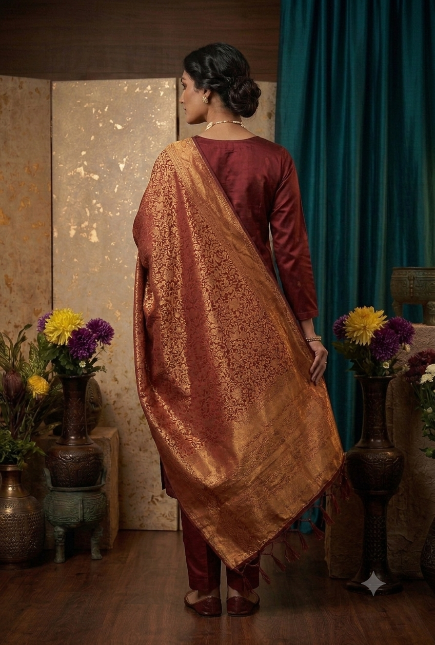 Premium Blended Silk Zari Work Red Kurti Set