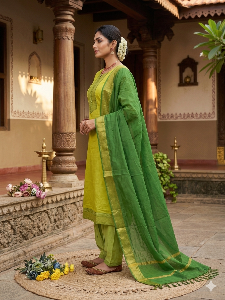 Fancy Kanchi Cotton Zari Work Lemon & Olive Kurti Set