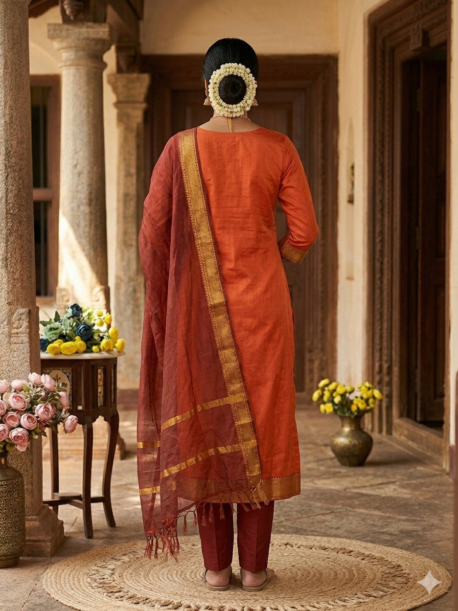 Fancy Kanchi Cotton Zari Work Orange & Red Kurti Set
