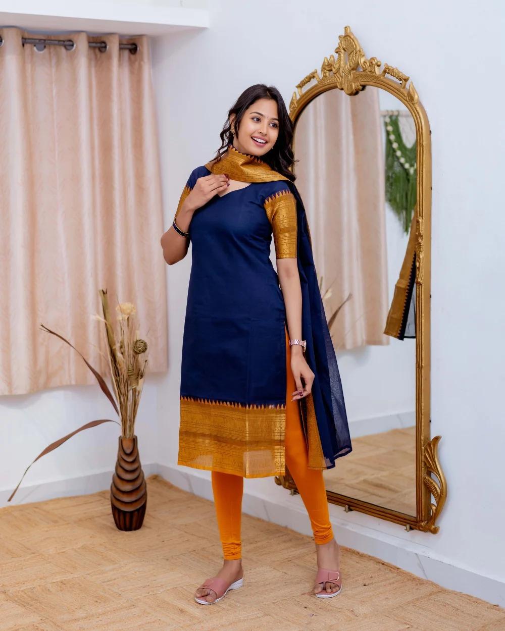 Blue Elegant Kanchi Cotton V-Neck Kurti With Dupatta