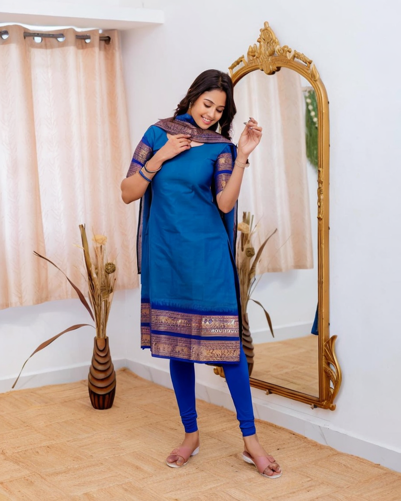 Sky Blue Elegant Kanchi Cotton V-Neck Kurti With Dupatta
